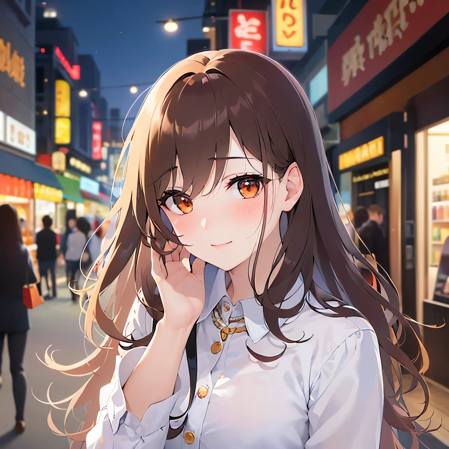 look up, hand on own chin、Face close-up、(Pale skin: 1.2), Glowing Skin, Shiny Hair、(A 25-year-old woman with medium-length hair and bangs) and (Wavy Hair) and (Brown Hair) and (Orange eyes) and (Half closed eyes:1.2), White collared shirt, smile, (blush:1.3), The background is a shopping street at night、alone、Are standing