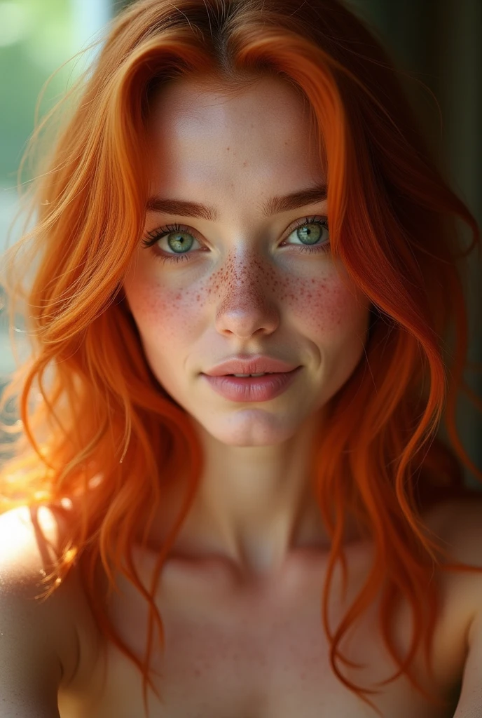 Imagine a woman, that attracts everyone'attention at first sight. Your red, fiery hair falls in glossy waves over her shoulders and shines in the sunlight. Her face is covered in delicate freckles, which give it a charming and lively expression.
His eyes are bright green, like two emerald green gemstones, that provide deep insight into your soul. Her full lips are gently curved and invite you to smile., this is contagious.
Your body is a perfect curve of femininity. She is well formed, voluminous breasts emphasize your figure and give you a sensual charisma. Her flat stomach and narrow waist form a perfect contrast to her round body.., firm ass, that looks stunning in any outfit.
Its legs are long and well turned, with muscular thighs and thin calves, that make you look elegant and graceful. Your skin is soft and perfect, with a touch of pink, which underlines its naturalness. She is not wearing any clothes on her breasts, and her beautiful vagina are visible