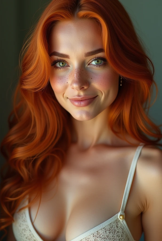Imagine a woman, that attracts everyone'attention at first sight. Your red, fiery hair falls in glossy waves over her shoulders and shines in the sunlight. Her face is covered in delicate freckles, which give it a charming and lively expression.
His eyes are bright green, like two emerald green gemstones, that provide deep insight into your soul. Her full lips are gently curved and invite you to smile., this is contagious.
Your body is a perfect curve of femininity. She is well formed, voluminous breasts emphasize your figure and give you a sensual charisma. Her flat stomach and narrow waist form a perfect contrast to her round body.., firm ass, that looks stunning in any outfit.
Its legs are long and well turned, with muscular thighs and thin calves, that make you look elegant and graceful. Your skin is soft and perfect, with a touch of pink, which underlines its naturalness. She is not wearing any clothes on her breasts, and her beautiful vagina are visible