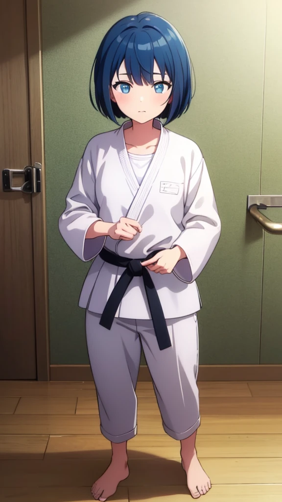 ((masterpiece, Highest quality, Very detailed, Very nice 8K CG wallpaper)), , A little thick, Medium Hair, Blue Hair, short hair, blue eyes,judo player、長袖judo着、Large bust、ロングjudoパンツ、judo、Cute expression、Inside the judo Gymnasium、、On the tatami、discovery、One Girl、Full body standing、rest、Haruka Kiritani、Bust Size C Cup、love affair、date、Confession
