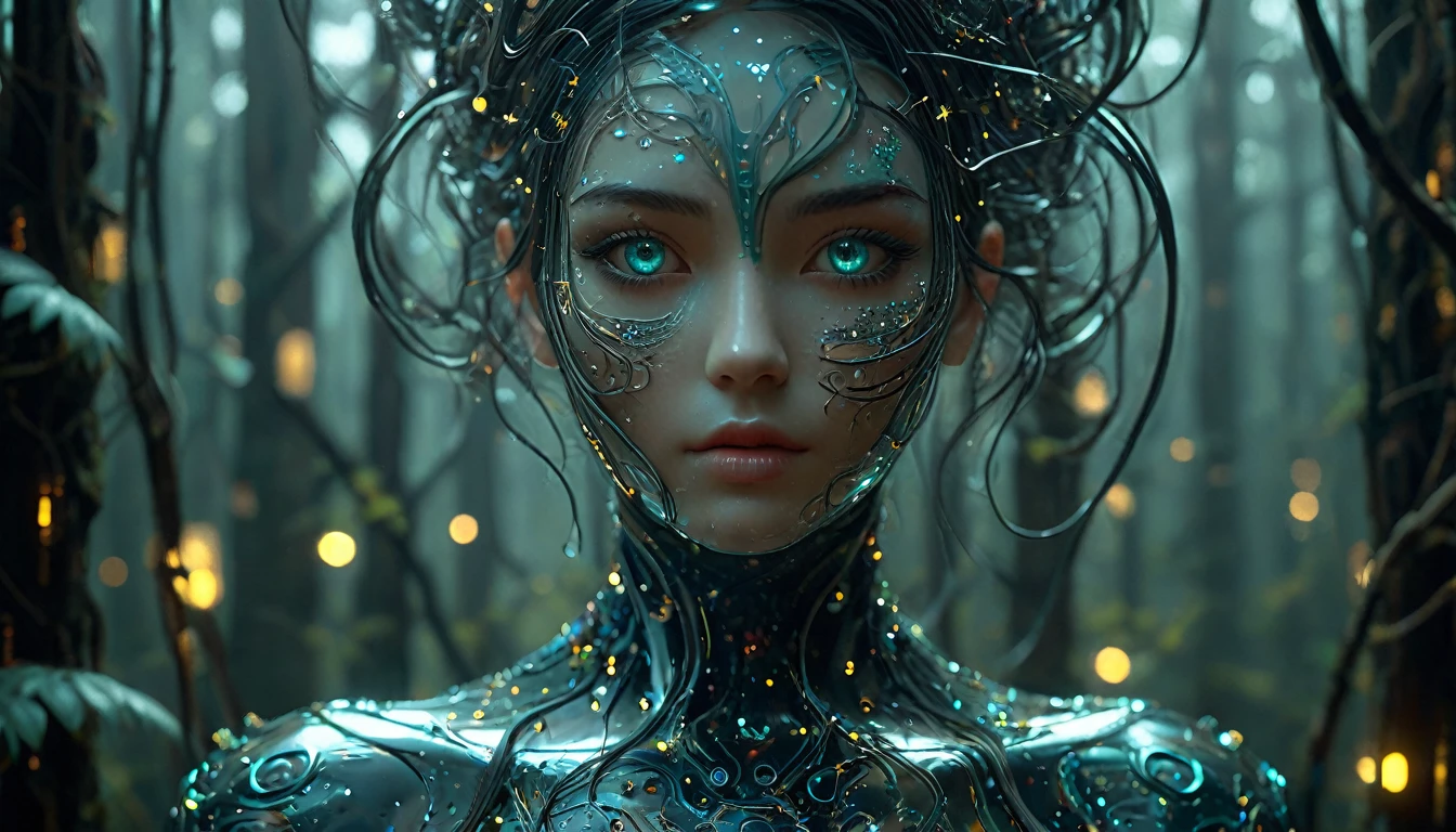 Create an image where the treetops are decorated with twinkling lights, merging nature with a magical starry atmosphere. (Little funny robot, porcelain face and head, big turquoise eyes, long silver hair) perfect eyes double exposure, bioluminescent fantasy, dark sci-fi. Gothic biomechanical essence in art deco style,
Her punkish, tattooed, figure is partially hidden in a swirling dress of obsidian silk printed with delicate filigree floral patterns that echo the inimitable style of Gustav Klimt. Finding yourself in an environment of reflective holographic mirror panels,which split the space around her into a scattering of angular contrasts, a background of shadows on a bright background