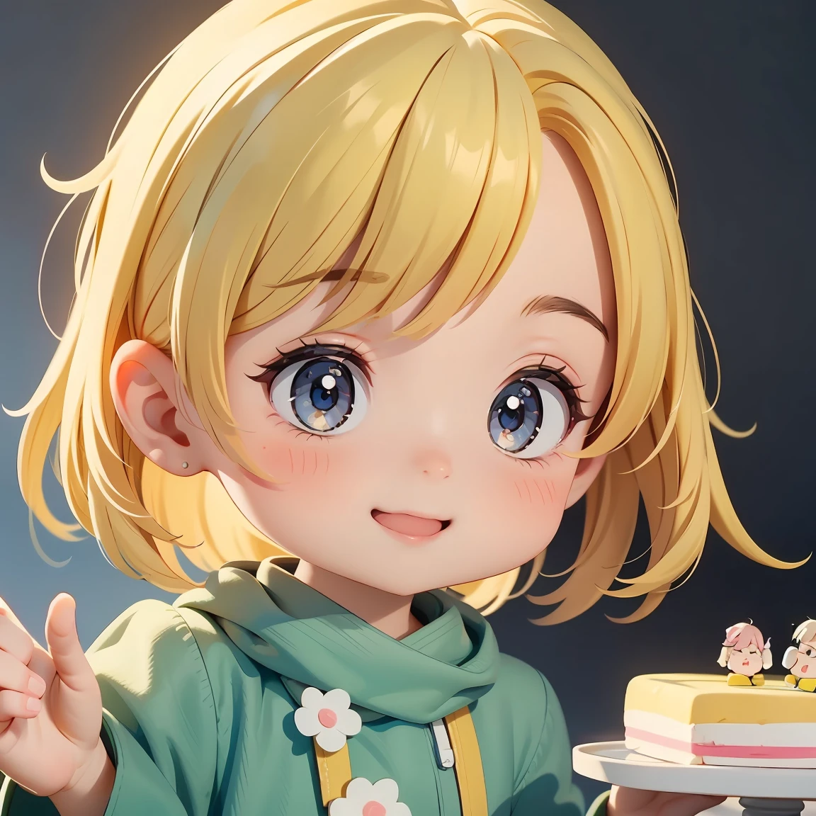 Super Chibi Character:1.8、Blonde Hair、Cute 7 year old girl、Random cute outfits、Super Chibi Character:1.8、smile、Super Smile、Looking at the cake in his hands、Looking at the cake in his hands