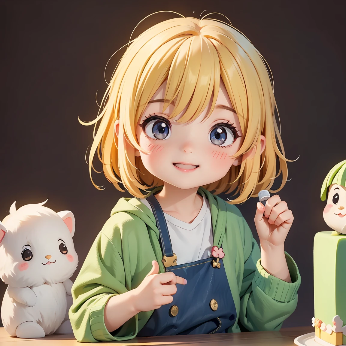 Super Chibi Character:1.8、Blonde Hair、Cute 7 year old girl、Random cute outfits、Super Chibi Character:1.8、smile、Super Smile、Looking at the cake in his hands、Looking at the cake in his hands