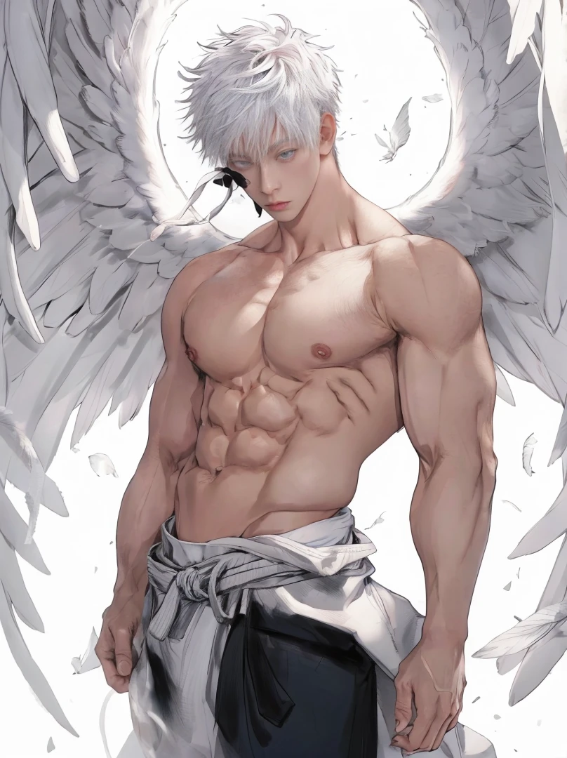 1 male, handsome Japanese male model, high resolution 4k, adult, semi realistic, perfect face detail, detailed eyes and face, muscular, white eyebrow hair, white eyelashes, Naked torso, Detailed face, perfect face, real skin texture, detail Perfect hand, details, Real and complete hand details, unreal engine, hd picture, satoru gojo, Jujutsu kaisen, white hair, short hair ,hair between eyes ,blue eyes, white skin, Angel wings