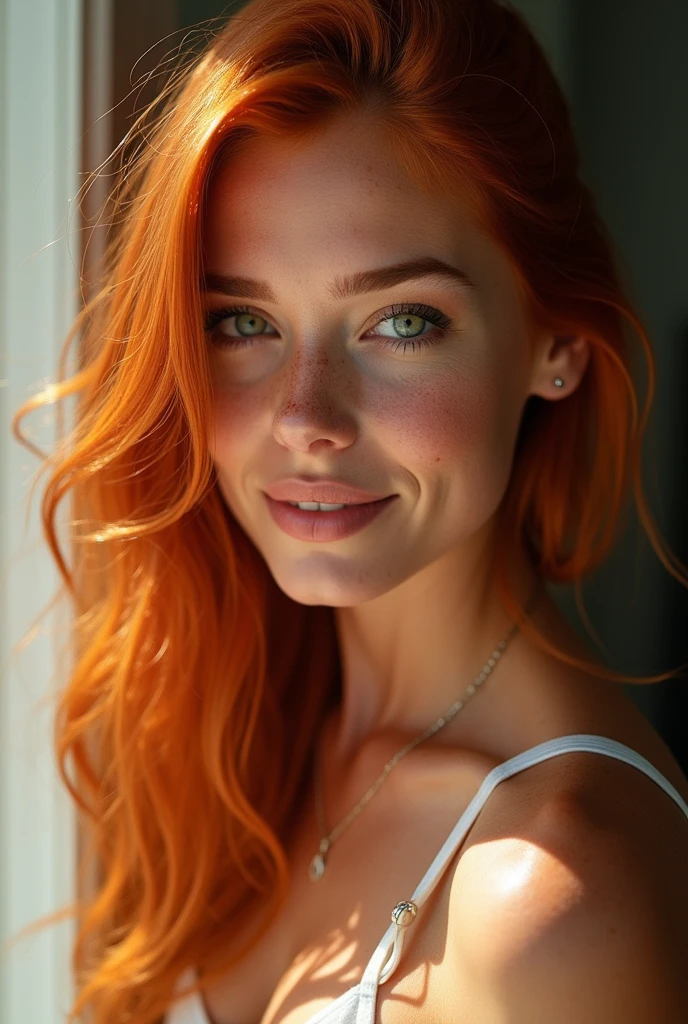 Imagine a woman, that attracts everyone'attention at first sight. Your red, fiery hair falls in glossy waves over her shoulders and shines in the sunlight. Her face is covered in delicate freckles, which give it a charming and lively expression.
His eyes are bright green, like two emerald green gemstones, that provide deep insight into your soul. Her full lips are gently curved and invite you to smile., this is contagious.
Your body is a perfect curve of femininity. She is well formed, voluminous breasts emphasize your figure and give you a sensual charisma. Her flat stomach and narrow waist form a perfect contrast to her round body.., firm ass, that looks stunning in any outfit.
Its legs are long and well turned, with muscular thighs and thin calves, that make you look elegant and graceful. Your skin is soft and perfect, with a touch of pink, which underlines its naturalness. She is not wearing any clothes on her breasts, and her beautiful vagina is visible naked without panties