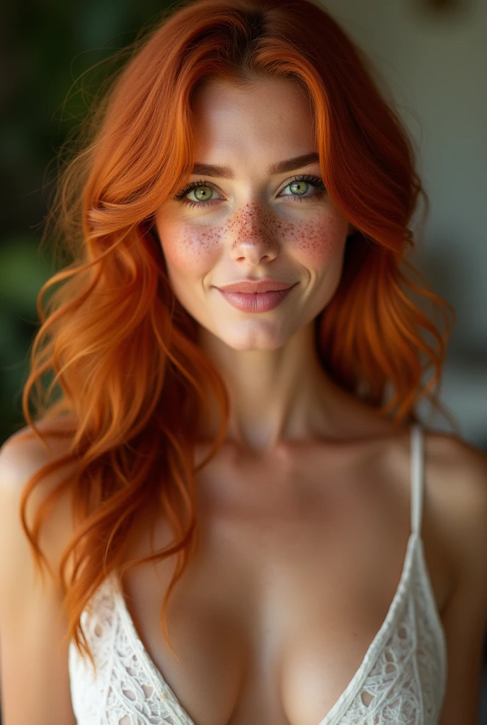 Imagine a woman, that attracts everyone&#39;attention at first sight. Your red, fiery hair falls in glossy waves over her shoulders and shines in the sunlight. Her face is covered in delicate freckles, which give it a charming and lively expression.

His eyes are bright green, like two emerald green gemstones, that provide deep insight into your soul. Her full lips are gently curved and invite you to smile., this is contagious.

Your body is a perfect curve of femininity. She is well formed, voluminous breasts emphasize your figure and give you a sensual charisma. Her flat stomach and narrow waist form a perfect contrast to her round body.., firm ass, that looks stunning in any outfit.

Its legs are long and well turned, with muscular thighs and thin calves, that make you look elegant and graceful. Your skin is soft and perfect, with a touch of pink, which underlines its naturalness. She is not wearing any clothes on her breasts, and her beautiful vagina is visible naked without panties 