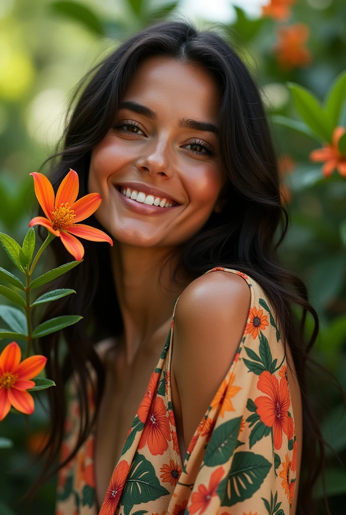 A Brazilian woman in a lush tropical garden, new, with a close-up capturing the harmonious beauty between her breasts and the natural flowers, showing off your natural charm and outgoing personality.