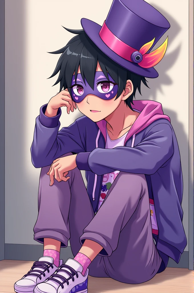 An anime character with black hair, brown skin, purple eyes, one of his eyes is covered by a sleeping mask with a video game print on his head, in the right corner there is a purple top hat with a pink ribbon on his face, on his boxers there is a purple heart mark and on his left ear there is a device that is shaped like a flame and is purple and pink in color. His clothes are a sweatshirt and pants, all with the purple and pink color palettes of the male gender.