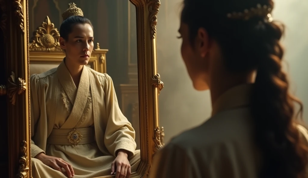 30 year old woman looking in the mirror and seeing in the reflection the image of a man sitting on a golden throne, referring to the figure of an emperor, convey a lot of depth