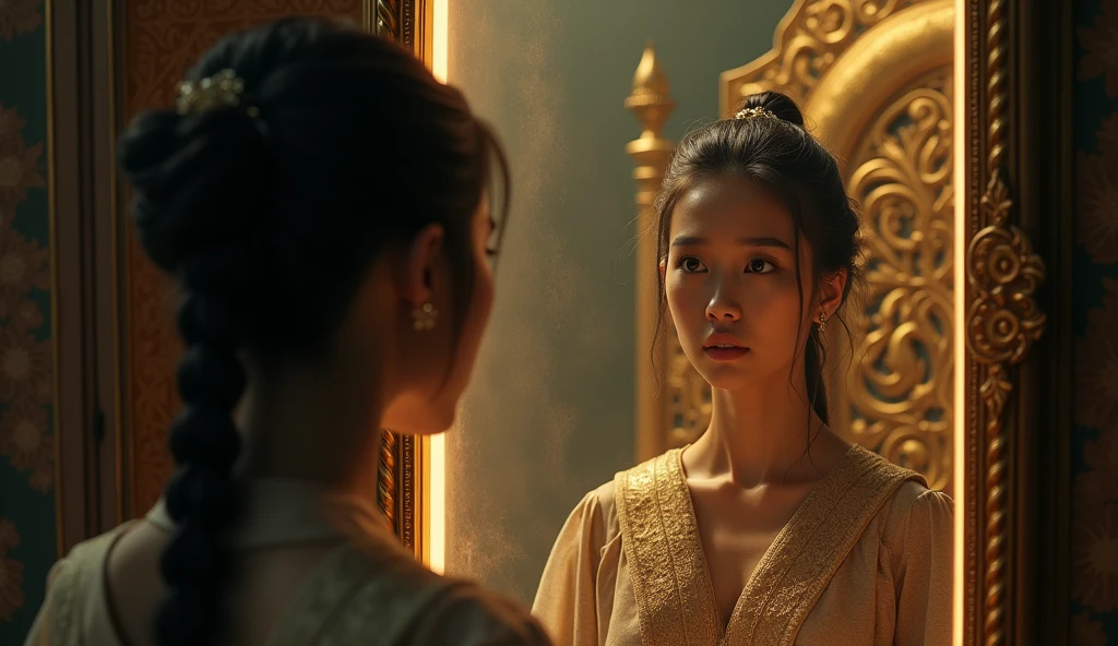 30 year old woman looking in the mirror and seeing in the reflection the image of a man sitting on a golden throne, referring to the figure of an emperor, convey a lot of depth