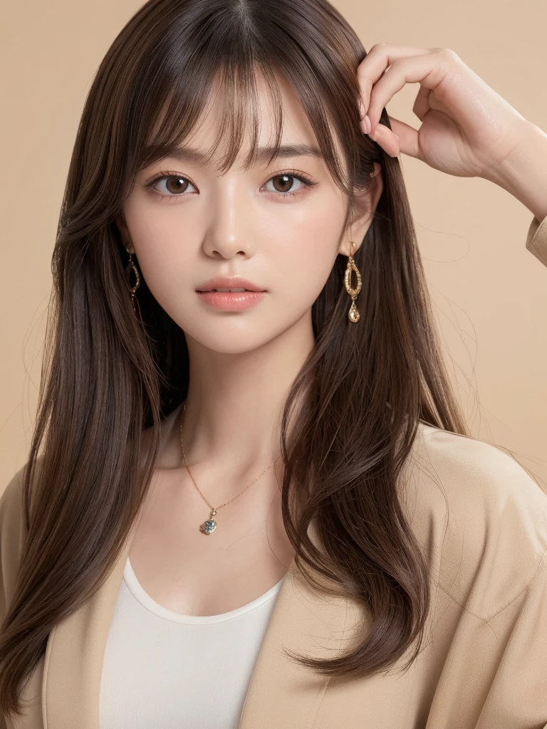  ((Highest quality, 8k, masterpiece:1.3)), concentrate: 1.2, Perfect body beauty: 1.4, Hips: 1.2, ((Long Hair, chest: 1.2)), (Dry clothes: 1.1) , (clear, Simple Background:1.3), Simple clothes: 1.1, Highly detailed face and skin texture,Delicate eyes, double eyelid, Whitened skin, Rough skin、Long Hair、bangs、Simple earrings、necklace、 solo、Beige coat、White shirt,  (((Beautiful girl with cute Japan)))、  ((Beautiful Japanese girl 20 years old))、 ((Baby Face))、 (((Slender body)))、  Upper Body，Face focus、necklace，Simple Background，From above， Realistic Hair、 A photograph was taken:Canon EOS R6、135mm、1/1250 seconds、f2.8、ISO400、(Detailed explanation of the hand)、(Masseter muscle area)、(Exquisite CG)、Long Hair, loose and curly hair、Korean Hair、Long Hair明るいベージュ色、グラデーションハイライトグレージュのゆるふわLong Hairスタイル、