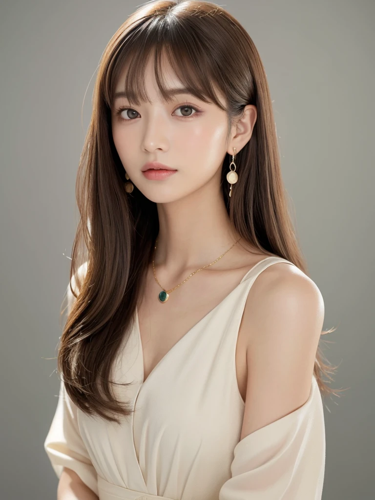 ((Highest quality, 8k, masterpiece:1.3)), concentrate: 1.2, Perfect body beauty: 1.4, Hips: 1.2, ((Long Hair, chest: 1.2)), (Dry clothes: 1.1) , (clear, Simple Background:1.3), Simple clothes: 1.1, Highly detailed face and skin texture,Delicate eyes, double eyelid, Whitened skin, Rough skin、Long Hair、bangs、Simple earrings、necklace、 solo、Beige coat、White shirt, (((Beautiful girl with cute Japan)))、 ((Beautiful Japanese girl 20 years old))、 ((Baby Face))、 (((Slender body)))、 Upper Body,Face focus、necklace,Simple Background,From above, Realistic Hair、 A photograph was taken:Canon EOS R6、135mm、1/1250 seconds、f2.8、ISO400、(Detailed explanation of the hand)、(Masseter muscle area)、(Exquisite CG)、Long Hair, loose and curly hair、Korean Hair、Long Hair明るいベージュ色、グラデーションハイライトグレージュのゆるふわLong Hairスタイル、