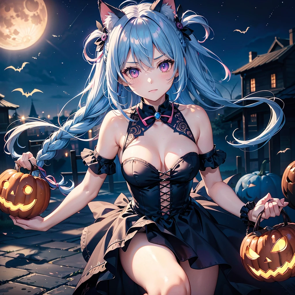 (Sky Blue Hair),(Braided medium hair), (Pink Eyes),Fair skin) ,(whole body),(One Girl),(Crescent Moon),(There are many pumpkin ghosts in the background),Cat ear,Cat costume,(Trick or Treat),Halloween Night Party),(masterpiece, Highest quality, Very detailed, Best Shadow), (Detailed Background), (Beautifully detailed face), High Contrast, (Best lighting, Very delicate and beautiful), ((Cinematic Light)), Hyper Detail,8k, Dramatic Light, Intricate details,night,Flying bats in the sky,