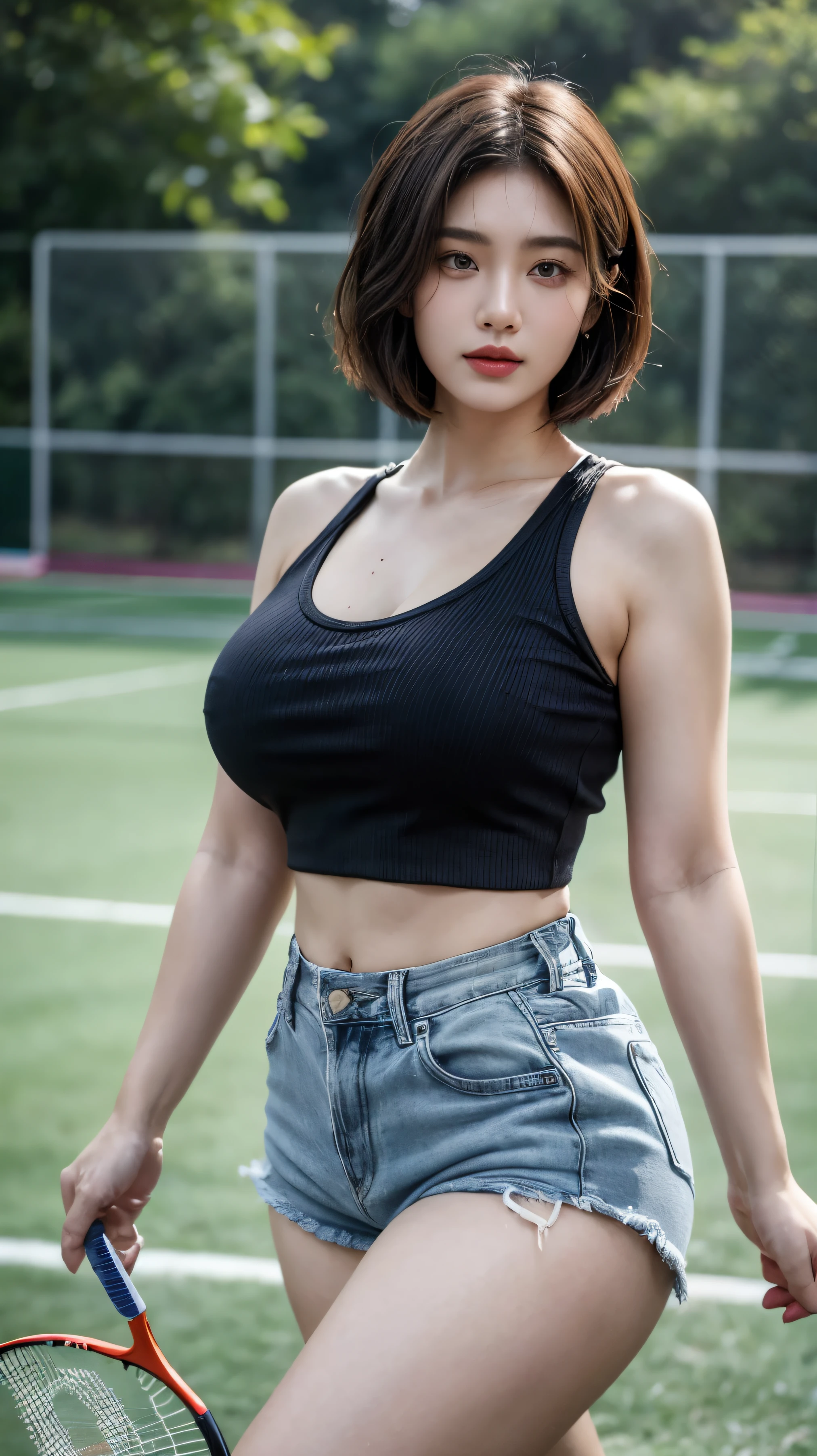 a 20 yo, ((bob hairstyle)), an korea plump woman. smile, Close-up. wearing black shirt sportwear, black waist cincher. Denim short pants. Bob hair. photorealistic. Pose up pose. Sly. Not shoulders, cleavage, natural masive big breasts, showing big thighs, curvaceous body,very alluring, wet skin. holding a badminton racket. Standing pose in the modern training ground badminton as background. Dark theme.
