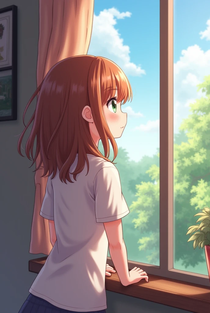 an adorable anime girl with straight and wavy hair looking out the window