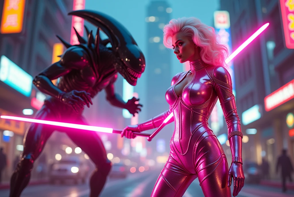 Jayne Mansfield in a scifi sexy battle suit (pink chrome) wielding a light sword (pink), bubblegum hair, streets of Bangkok facing an Alien Xenomorph 'HANG IN THERE' written in large letters along the bottom of the screen