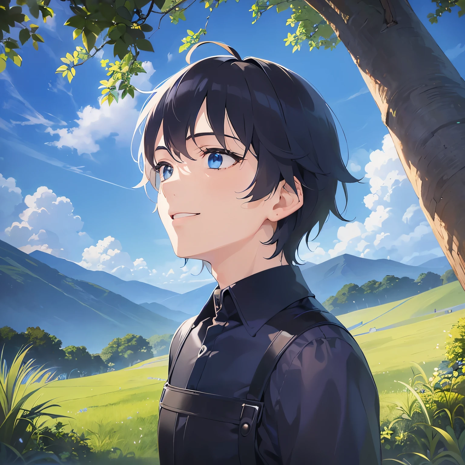 （looking up:1.5）,upper body,Gazing Skyward 、Side shot、
shiny skin, masterpiece、Highest quality、
(25-year-old male:1.5) and (Black short hair) and (blue eyes), 
（black collared shirt：1.5）、
smile,park,(alone:1.5)、grass,blue sky
