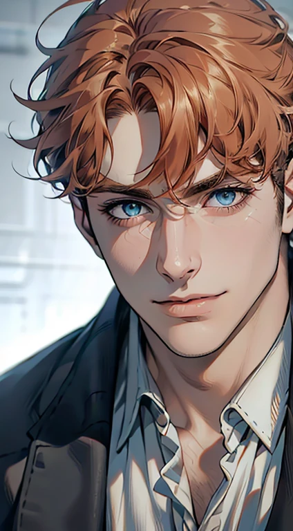 (best quality,4k,8k,highres,masterpiece:1.2),ultra-detailed,(realistic,photorealistic,photo-realistic:1.37),1 man,31 years old,mature man,very handsome,without expression,smile,short grey orange hair,blue eyes,penetrating gaze,perfect face without errors,imposing posture,businessman,office background,cinematic lighting,hdr image