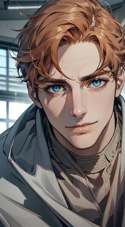 (best quality,4k,8k,highres,masterpiece:1.2),ultra-detailed,(realistic,photorealistic,photo-realistic:1.37),1 man,31 years old,mature man,very handsome,without expression,smile,short grey orange hair,blue eyes,penetrating gaze,perfect face without errors,imposing posture,businessman,office background,cinematic lighting,hdr image