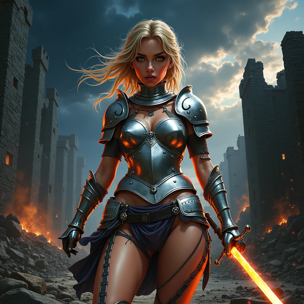 Create an epic and intense image of a female knight in bikini armor, standing at the entrance to a dark, ruined fortress. The knight's sword must shine with an intensity, Holy Light, casting a stark contrast against the dark surroundings. The background must show the collapsing fortress, with fiery explosions and swirling dark clouds, emphasizing the intensity of the battle. The knight must have a determined expression, but exhausted, reflecting the epic struggle she endured. Use a mix of dark and light tones to highlight the contrast between the forces of good and evil..