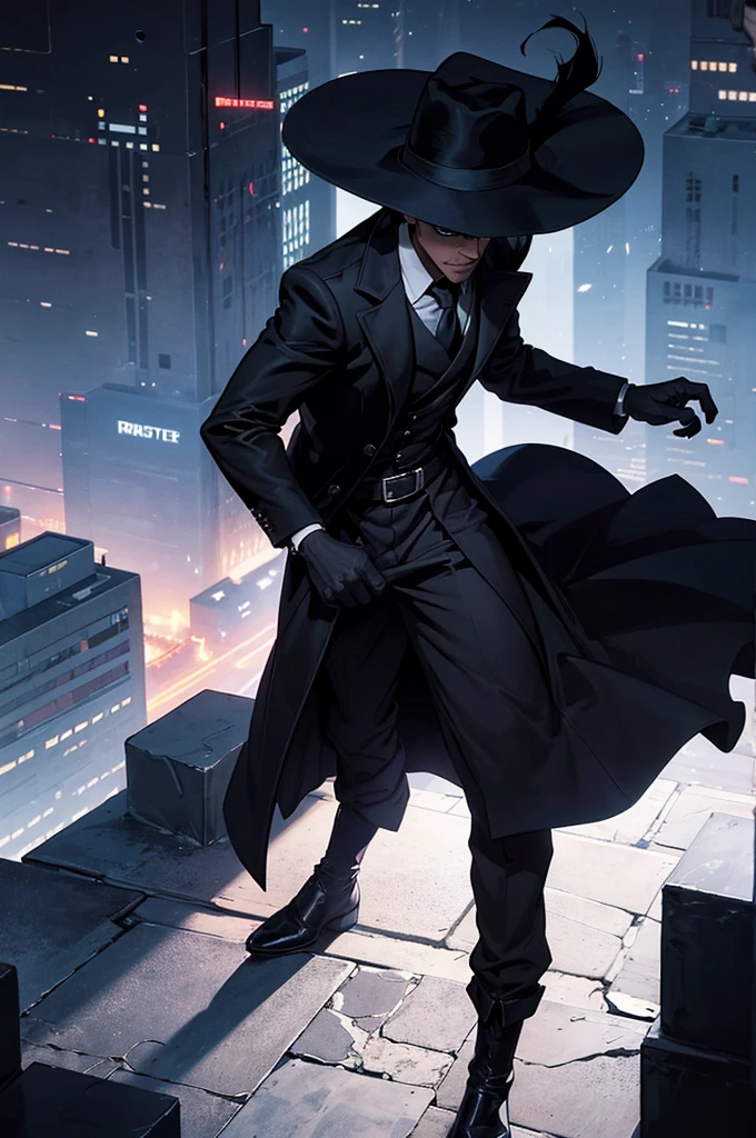 The comic book cover features Black Hat, an enigmatic and shadowy vigilante. In an urban setting at night, with the city below lit by a pale, distorted glow, Black Hat is featured at the top of the cover, on top of a roof.
Black Hat is depicted as a figure shrouded in shadows, with an almost ethereal appearance. Your silhouette is indistinct, blending into the dark background of the night. He wears a wide-brimmed black hat, that casts a deep shadow over your face, hiding your features. The brim of the hat is wide enough to create a dramatic effect, creating a shadow that partially covers your shoulders and the environment around you.
Position and Action: Black Hat is in a dynamic pose, with one hand extended downwards, as if about to launch something invisible into the city below. His other hand holds a mysterious object, maybe a weapon or a device, partially hidden by the shadow of the hat.
Scenario: The roof is surrounded by an illuminated city, with skyscrapers and neon lights in the background. No fundo, dark clouds and a partially visible moon create an atmosphere of mystery and tension. The night sky is tinted a deep blue, quase negro, adding a tone of suspense.
Additional Detail: Em torno de Black Hat, small details suggest its link to mystery and crime. Silhouettes of fleeing criminals and partially collapsed building facades are visible in the distance.. In the bottom right corner, there is a drop shadow that forms a black hat symbol, reinforcing your identity.
Title and Text: The title "Black Hat: The Shadow of Mystery" is in big, bold letters at the top of the cover, with a silver glow effect that highlights the character's name against the dark background. Below the title, em uma fonte menor, an intriguing tagline reads: "Where darkness hides the deepest secrets."