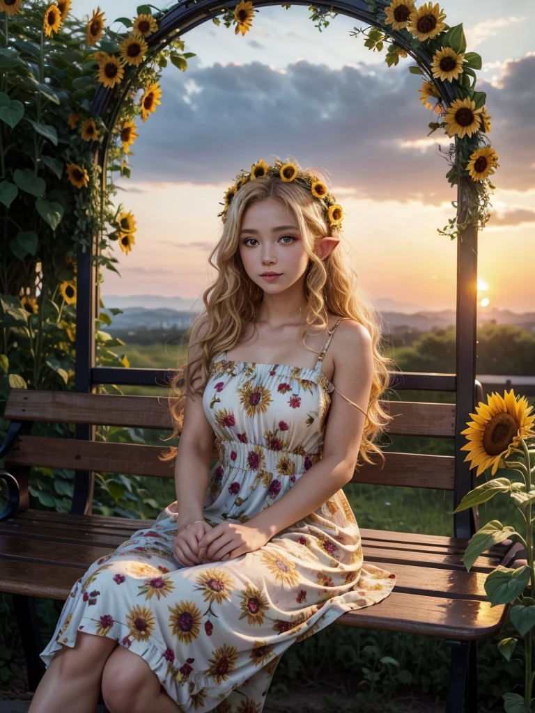 a very beautiful attractive elf, curly blonde hair, brown eyes, wearing a long floral dress with sunflower flowers, with a bench in the background with a flower arch, and an incredible view of the sunset