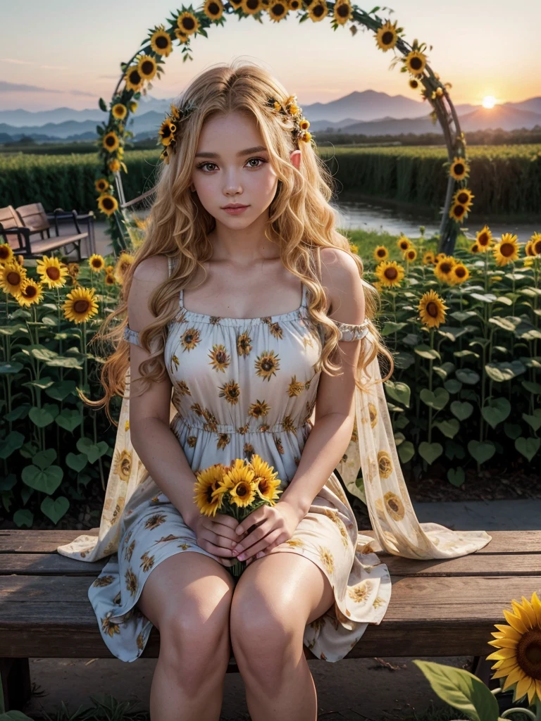 a very beautiful attractive elf, curly blonde hair, brown eyes, wearing a long floral dress with sunflower flowers, with a bench in the background with a flower arch, and an incredible view of the sunset