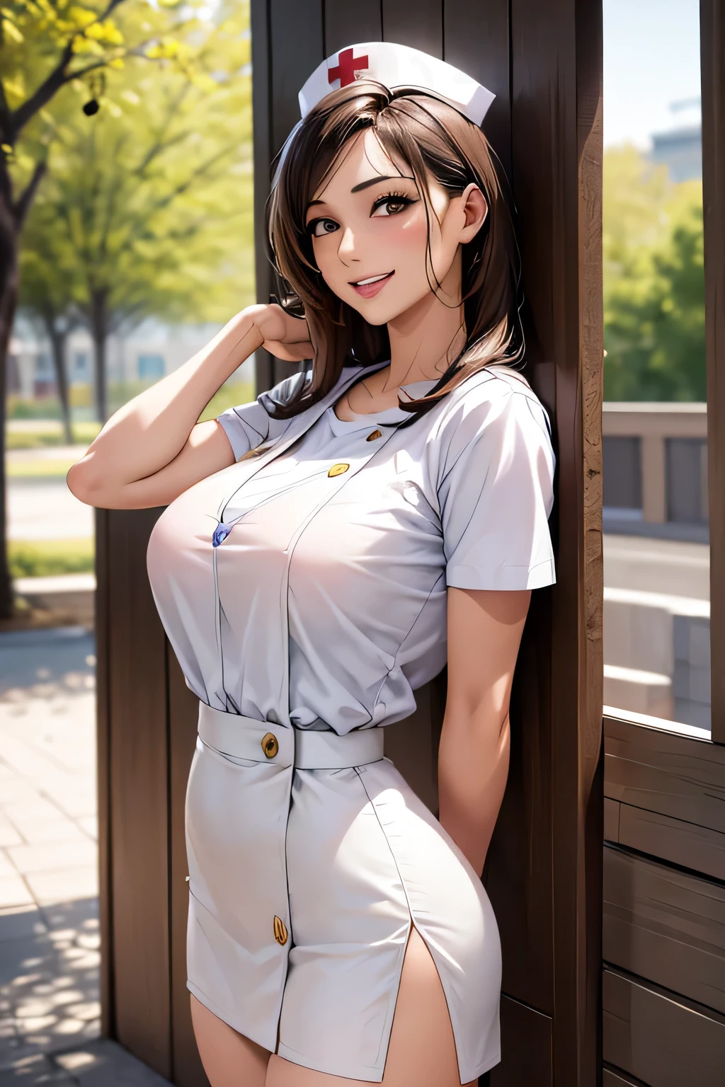 1 female, 40 years old, (Nurse cap, nurse uniform and mini skirt), masterpiece, grin, (very tanned and shiny skin), Big Breasts, photoRealistic, Realistic, alone, photoRealistic, Highest quality, Ultra-high resolution, Yura S, Outdoor, colorful,  Daytime setting, beautiful, masterpiece, Highest quality, Very detailedな顔, Perfect lighting, Ultra-high resolution, Very detailed, (background: Inside the hospital)