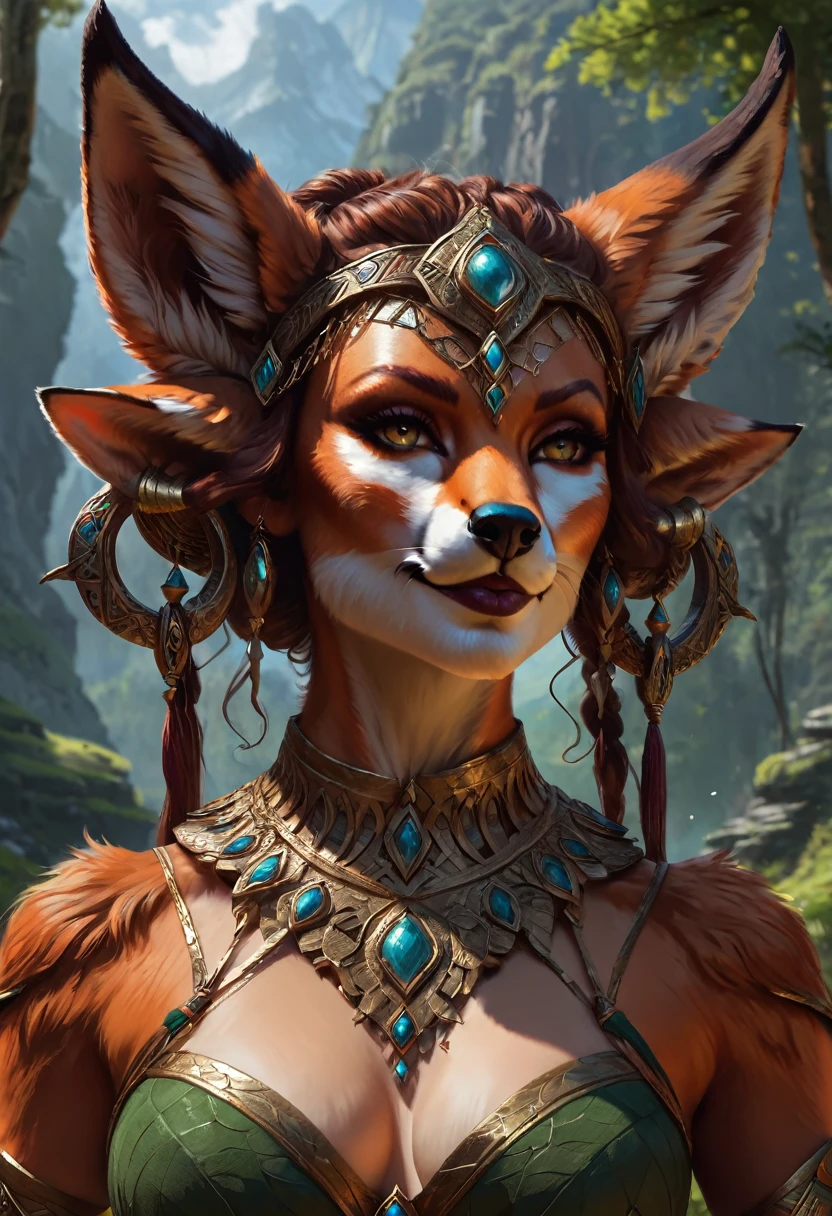 Anthropomorphic feminine fox-satyr enchantress. Official Art – An Award-Winning Digital Masterpiece In 4K Ultra HD, Extreme Detail And Intricate Realism. Symmetrical Face. This Concept Art Brought To Life By The Hands Of Artists Like Wlop & Artgerm In A Stunning 2D Vector Illustration. Background Is A Panoramic Vista.