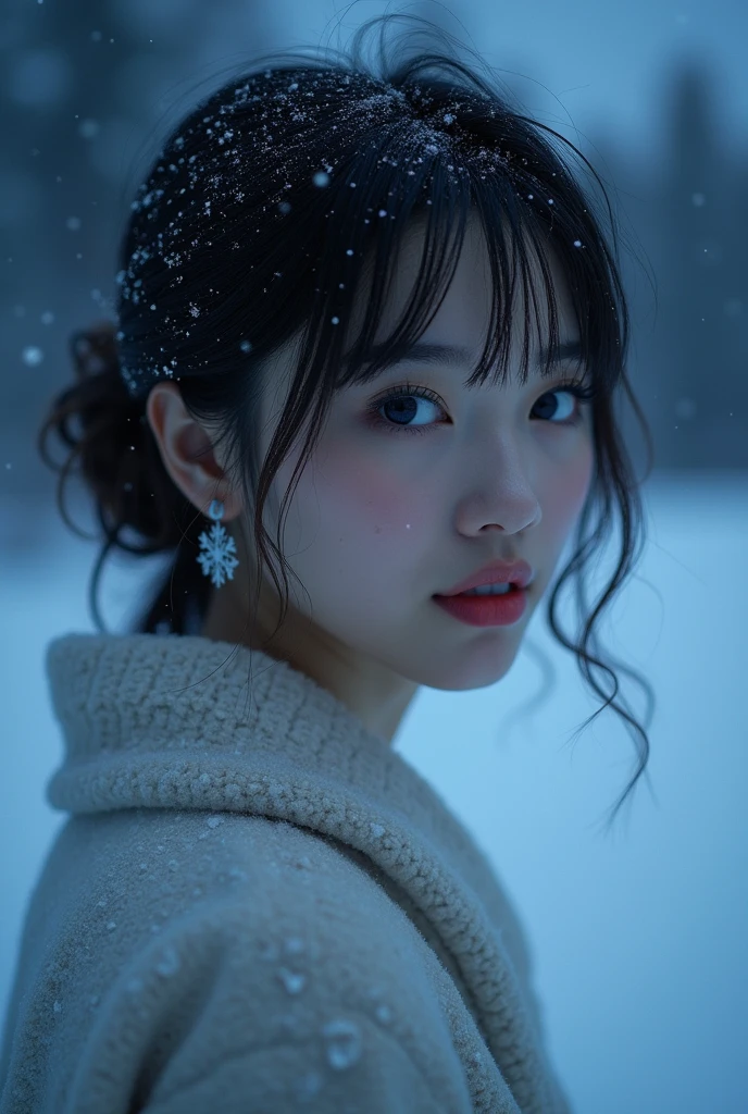 1 girl, beautiful japanese actress, looks great in the photo, Yukihime, long eyelashes, snowflake earrings, (Raw photo, highest quality), (realistic, Photoreal:1.4), (table top), beautiful and detailed eyes, beautiful detailed lips, highly detailed eyes and face, break (Dark night in the snowy fields of winter Lapland:1.4), mysterious beauty, (starry sky:1.3), indigo gradation, dramatic lighting, great atmosphere, break Perfect Anatomy, slender body, small, short hair, parted bangs, angel&#39;s smile, Crystal Skin, clear eyes, Strobe photography, catch light　The body is naked　nipples are pink　is pink　I&#39;m not wearing any clothes.　whole body