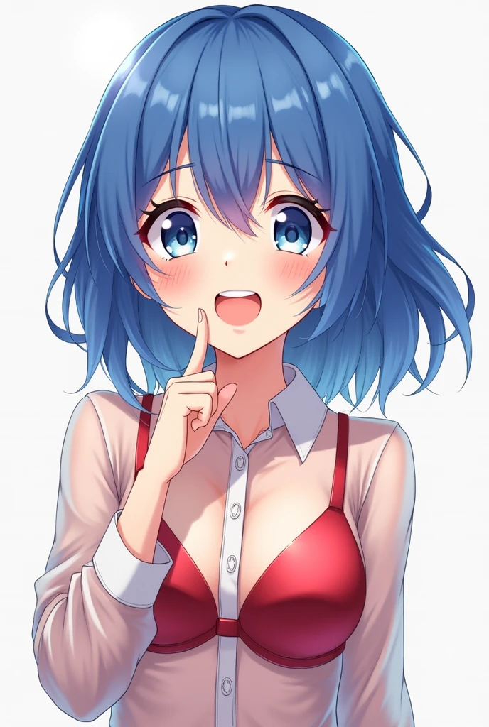 detailed illustration, dynamic angle, ultra-detailed, illustration, 1girl, school girl, black blouse, grey plaid skirt, cleavage, wavy hair, black and red 2 tone hair, dual tone hair, gradient hair, bicolor hair, long hair, bright blue eyes, cleavage, doorway, front door, outside, wide eyes, big eyes, excited, eager, blush, flush, horny, happy, delighted