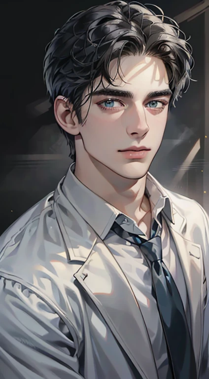 (best quality,4k,8k,highres,masterpiece:1.2),ultra-detailed,(realistic,photorealistic,photo-realistic:1.37),1 man,31 years old,mature man,very handsome,without expression,smile,short grey black hair,blue eyes,penetrating gaze,perfect face without errors,imposing posture,businessman,office background,cinematic lighting,hdr image