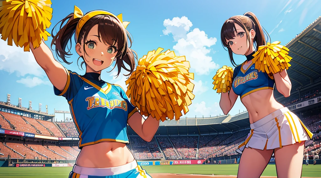 Cheerleaders in armor cheering in the stands。Koshien Stadium under the scorching sun