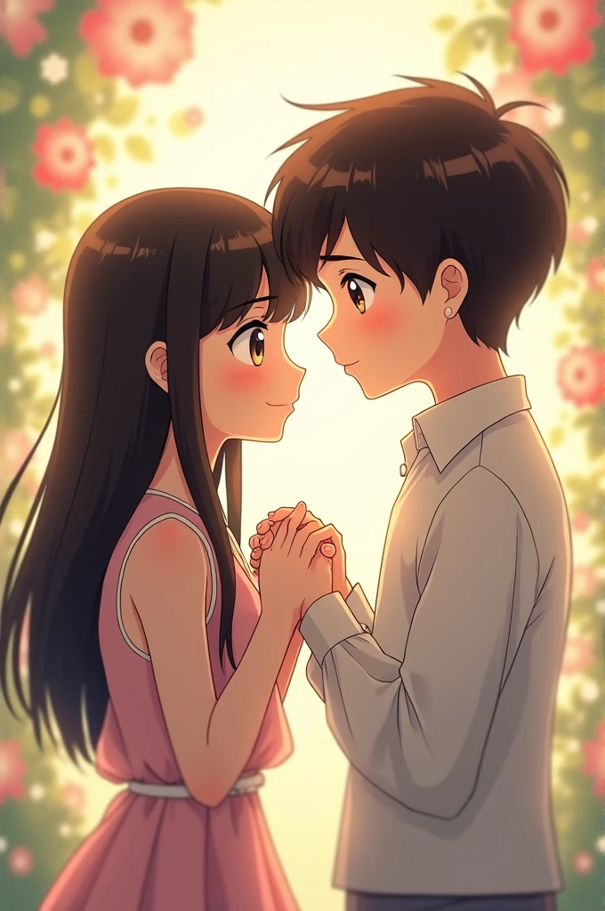 an anime drawing of a pretty girl with pale skin and long straight black hair with bangs with brown eyes, holding hands with a boy with pale skin and fluffy dark brown hair with blue eyes