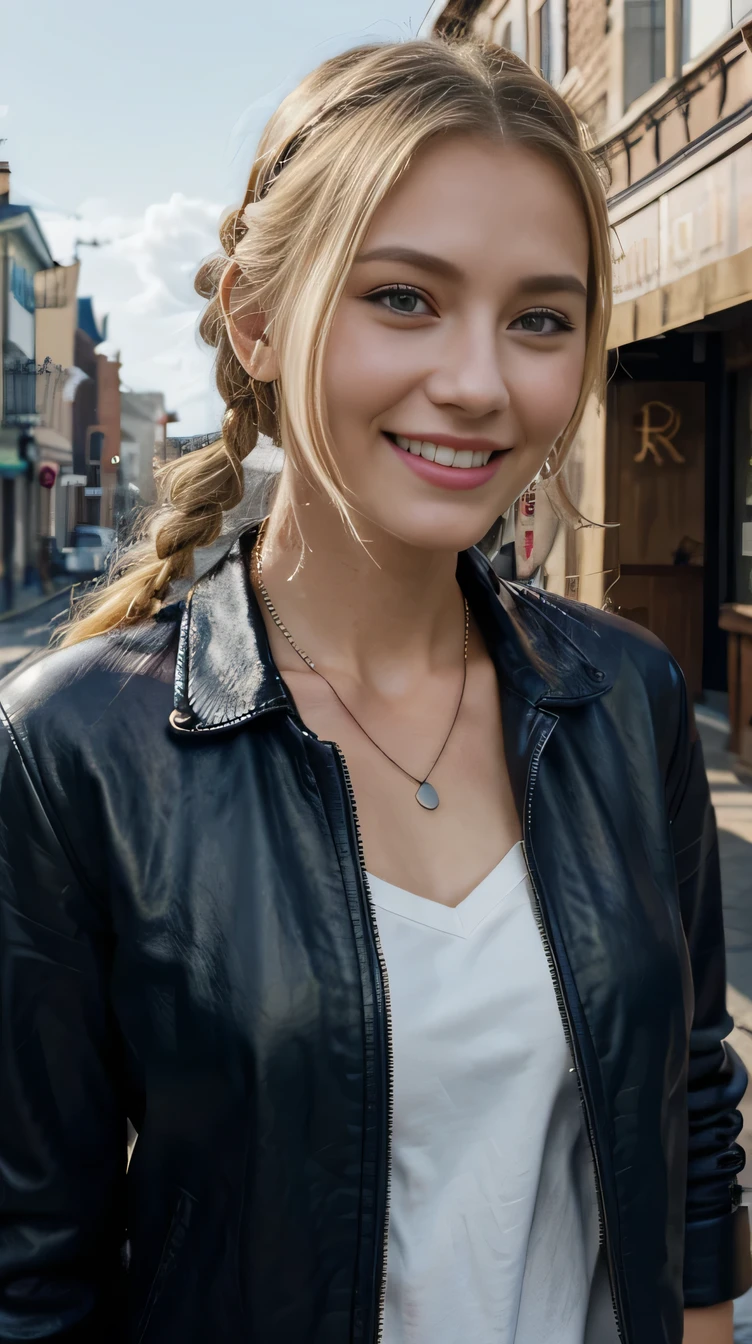 8k wallpaper, Two beautiful Caucasian women、leather jacket、shirt、、Necklace around the neck、 blonde 、blue eyes、Hairstyle braid、、ear piercing、smile、Beautiful teeth alignment、The background is a town street