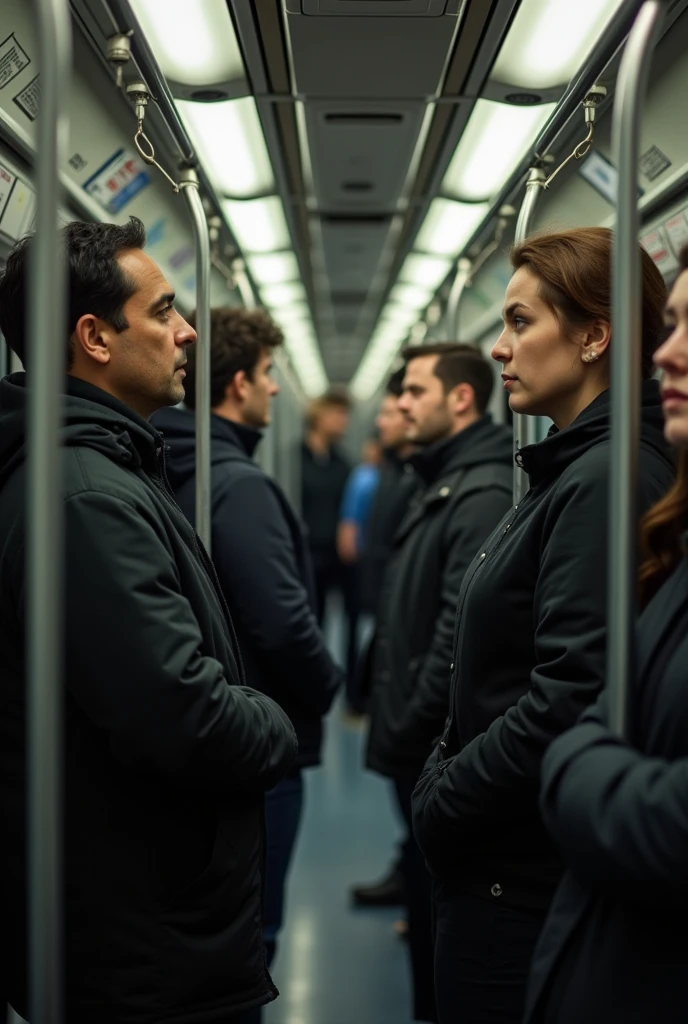 Five people inside a train, two of them wearing black clothes