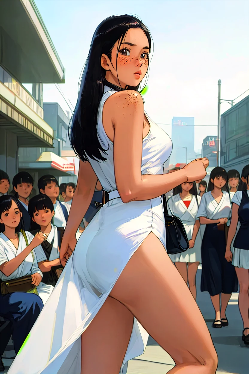1girll，On the crowded street, the lower body is exposed, secretly caressing the lower body, and a lot of liquid flows out