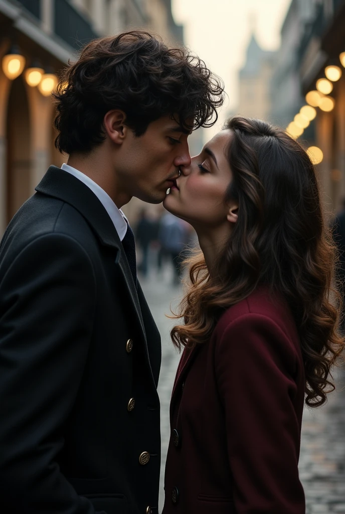 Irene Adler bbc jealously watches as beardless Scherlock Holmes from the Scherlock bbc series kisses the cheek of a Brazilian girl with long, wavy brown hair