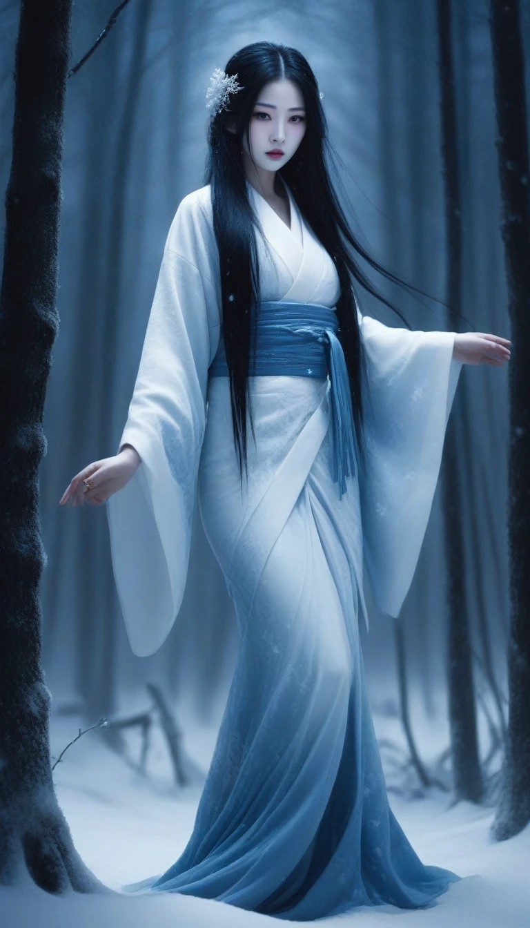 A terrifying and eerie depiction of a Yuki-onna, Yuki-onna from Japanese folklore. She stands in the dark, Snowy forest at night. Her long, Her flowing black hair blends into the shadows, Her white skin contrasts sharply with the darkness around her.. Her icy blue lips and sparkles, Ghostly eyes pierce the night. She was wearing a tattered white kimono.、It floats around the body, Adding to her ethereal and intimidating presence. Naked, Frost-covered trees around her々creaks in the cold wind, And faint, The moon's eerie glow casts an ominous shadow. Her cold and eerie expression、She sends shivers down the spine of anyone who sees her.。.
