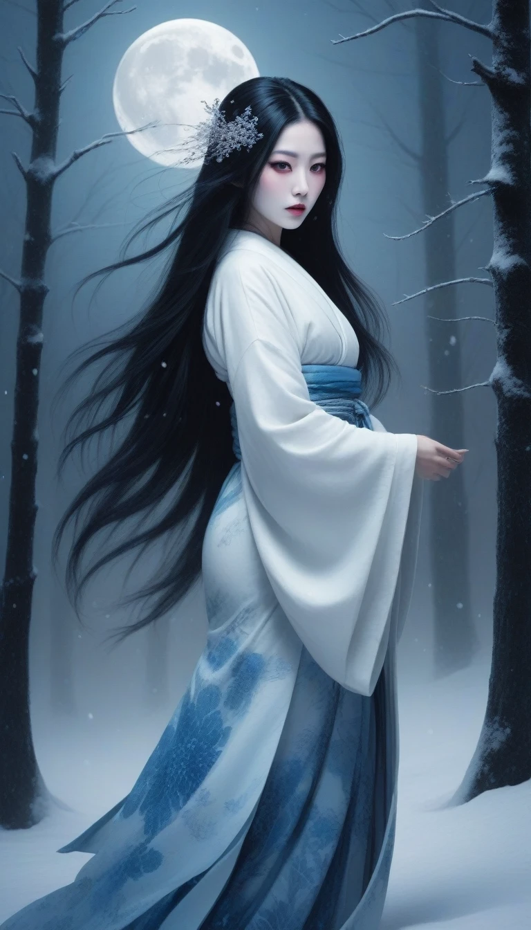 A terrifying and eerie depiction of a Yuki-onna, Yuki-onna from Japanese folklore. She stands in the dark, Snowy forest at night. Her long, Her flowing black hair blends into the shadows, Her white skin contrasts sharply with the darkness around her.. Her icy blue lips and sparkles, Ghostly eyes pierce the night. She was wearing a tattered white kimono.、It floats around the body, Adding to her ethereal and intimidating presence. Naked, Frost-covered trees around her々creaks in the cold wind, And faint, The moon's eerie glow casts an ominous shadow. Her cold and eerie expression、She sends shivers down the spine of anyone who sees her.。.