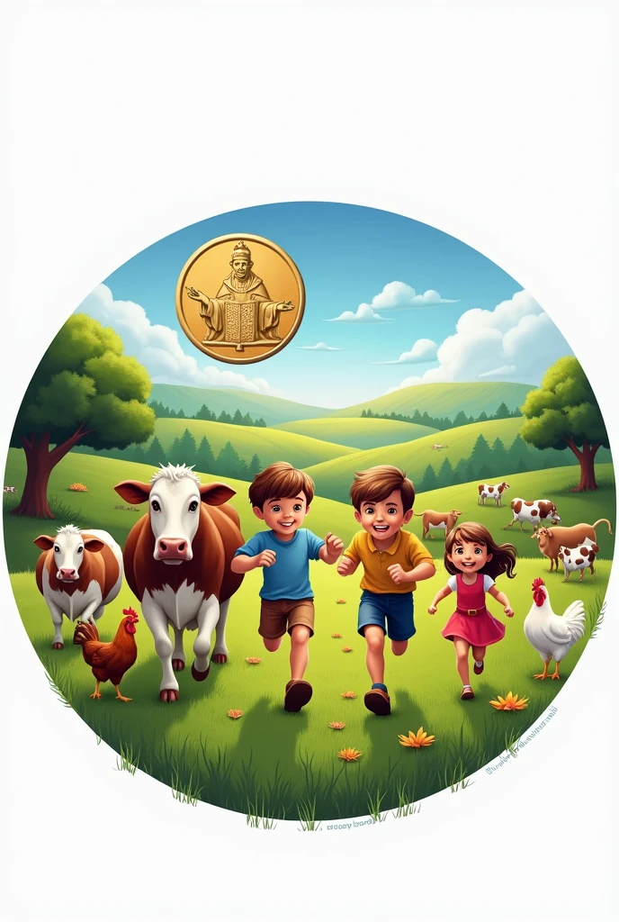 Round logo with a farm, blue sky, green pasture with cows, chickens and children running and in the background a medal of Saint Benedict