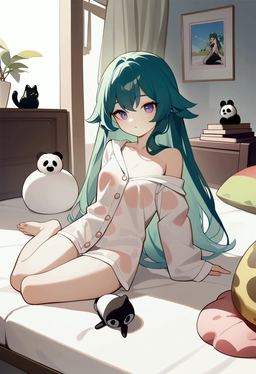 (masterpiece), (best quality), illustration, Extremely detailed, HDR, Depth of Field, (rich and colorful),artist:Chen An,artist:Tianliang Duohe Fangdongye,[[artist:WLOP]],artist:ask (askzy), 2girl, solitary, Long hair, (small_girl:1.2),(small:1.1),Yae Yoshiko,  (Genshin Impact),living room, Duck sitting, Sitting on the bed,Plush Toys,Panda toys,Black Cat,Books on the bed,Transparent pajamas,Show one shoulder,barefoot,