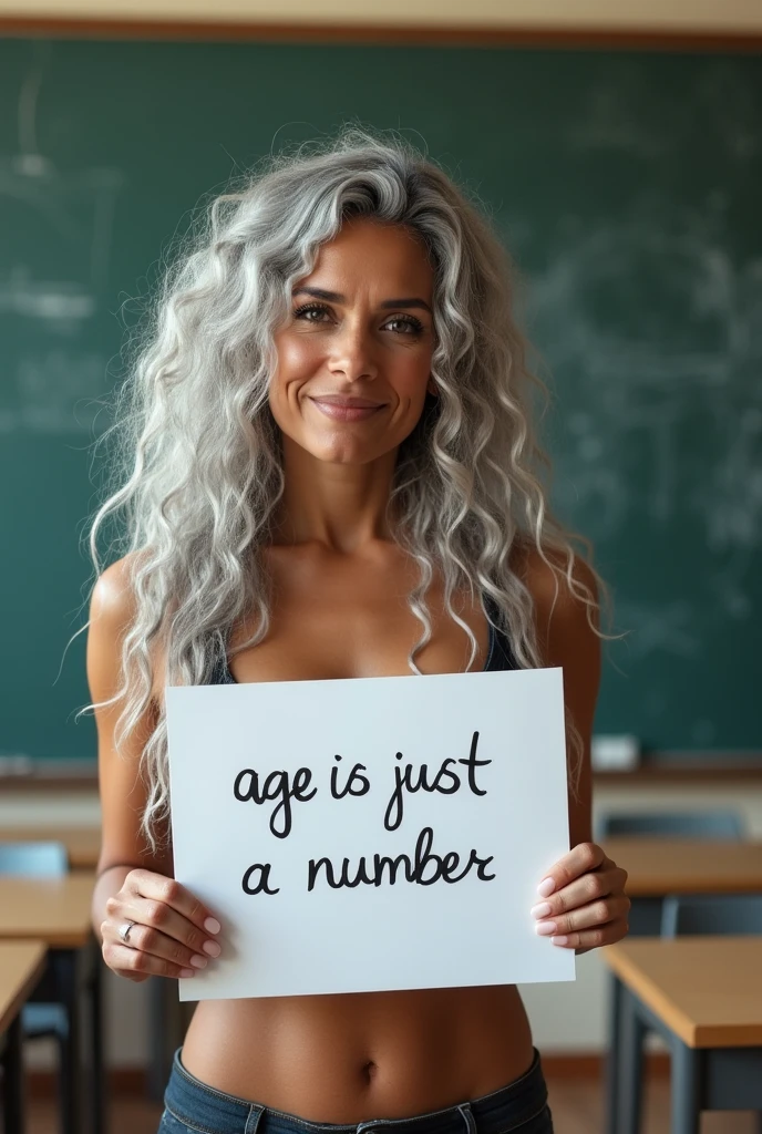 A beautiful youthful looking Hispanic version of a gray haired Selena Gomez as a 50 years old woma n with long her completely gray hair in a big curls styles as a supermodel wearing a Lingerie standing in a high school classroom holding a white board with text "I age is just a number" and showing it to the viewer