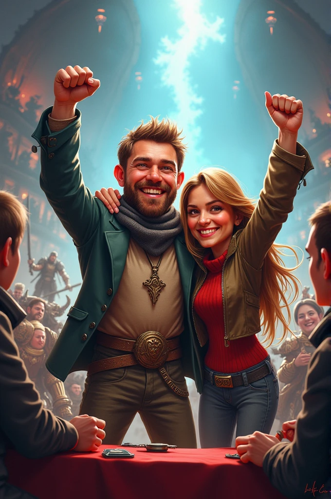Warhammer tournament, guy wins, 2 players, girlfriend supporting, caricature