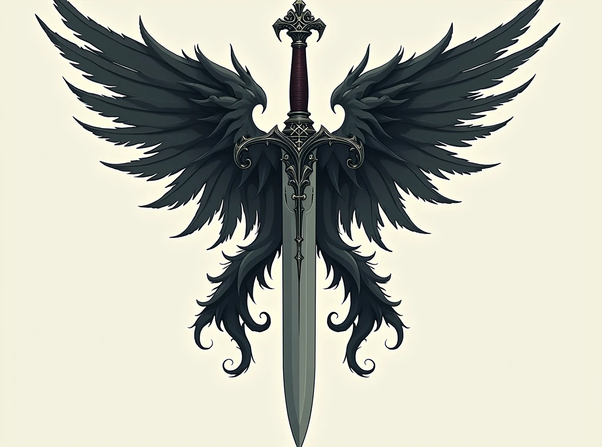 Replace the sword with a thin-bladed dagger. The dagger should have an elegant, slender blade and an ornate handle, matching the overall dark fantasy aesthetic. Ensure that the 'A' shape above the blade and the wings on either side remain completely intact and unchanged. The dagger must fit naturally within the design, replacing the sword but maintaining the same position and alignment.