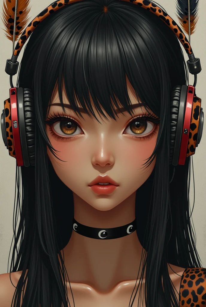 (photorealism:1.2), realist Asian-looking androgynous with dark brown skin, draw xy inside the left pupil, draw xx inside the right pupil,long, smooth hair in black and white and wearing a leopard pattern audio headset that has feathers and yin yang on one ear, strain on the right cheek the key of fa, strain on the left cheek the key of do, strain on the center of the front the key of sol, her cheeks are slightly round