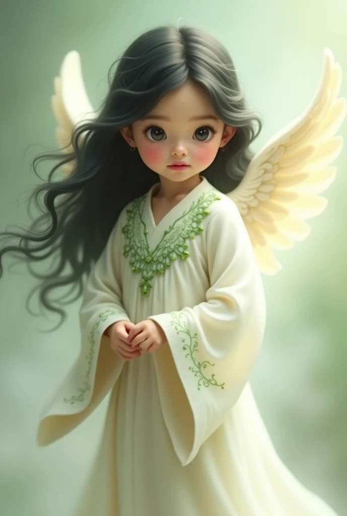 Little angel with black hair wearing white clothes with green details in png format