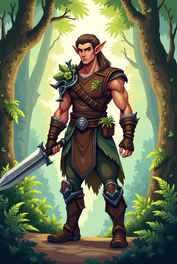 A 2D style warrior forest elf men in pixel art sprite format