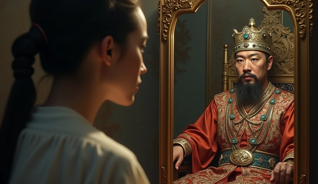 30 year old woman looking in the mirror and seeing in the reflection the image of a man sitting on a golden throne, referring to the figure of an emperor, convey a lot of depth