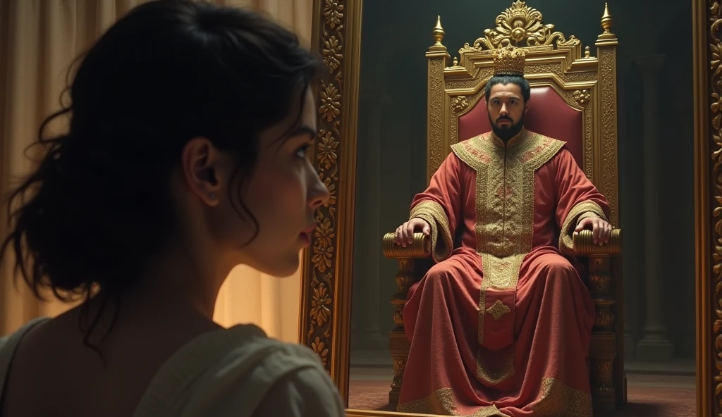30 year old woman looking in the mirror and seeing in the reflection the image of a man sitting on a golden throne, referring to the figure of an emperor, convey a lot of depth